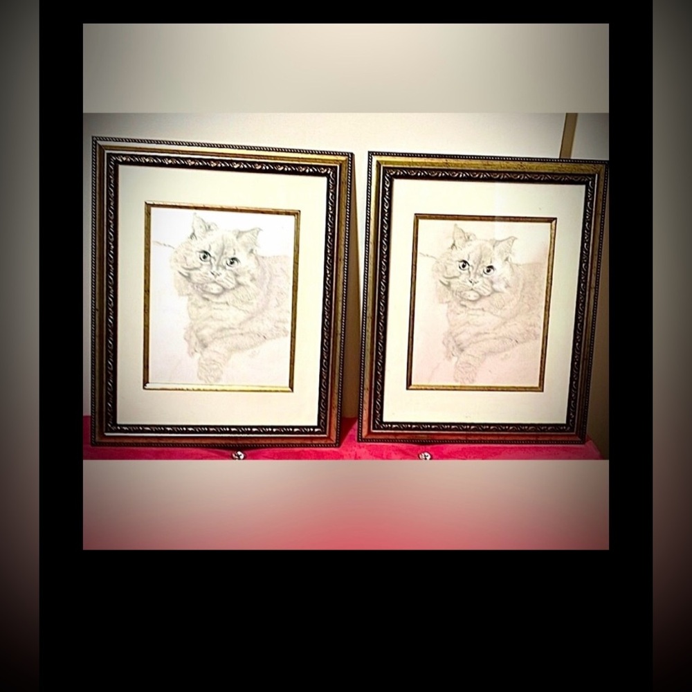 SYL Lobato Framed cat prints in Antique Gold color wood 13” x  16” frames 2 pcs.